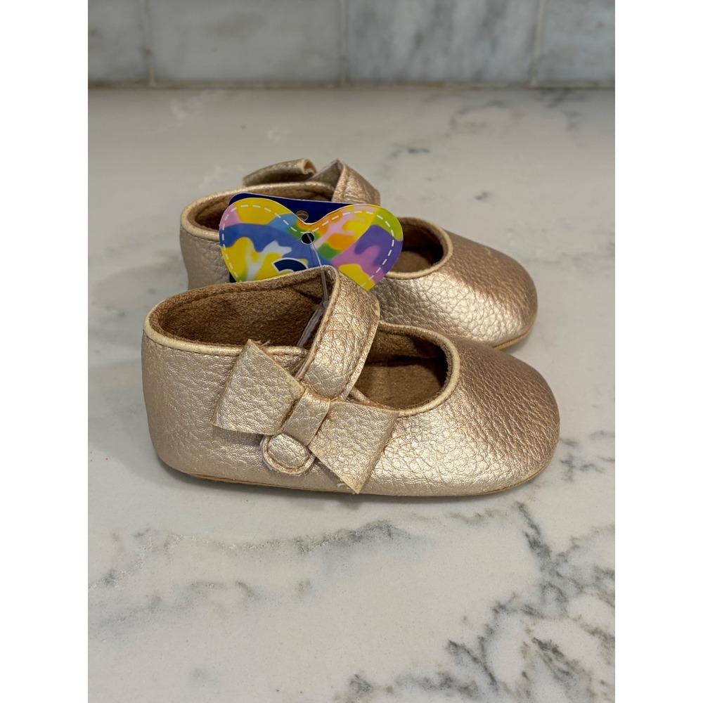 Valen Sina Baby Girl Rose Gold Metallic Mary Jane Bow Flats Size 2 NWT